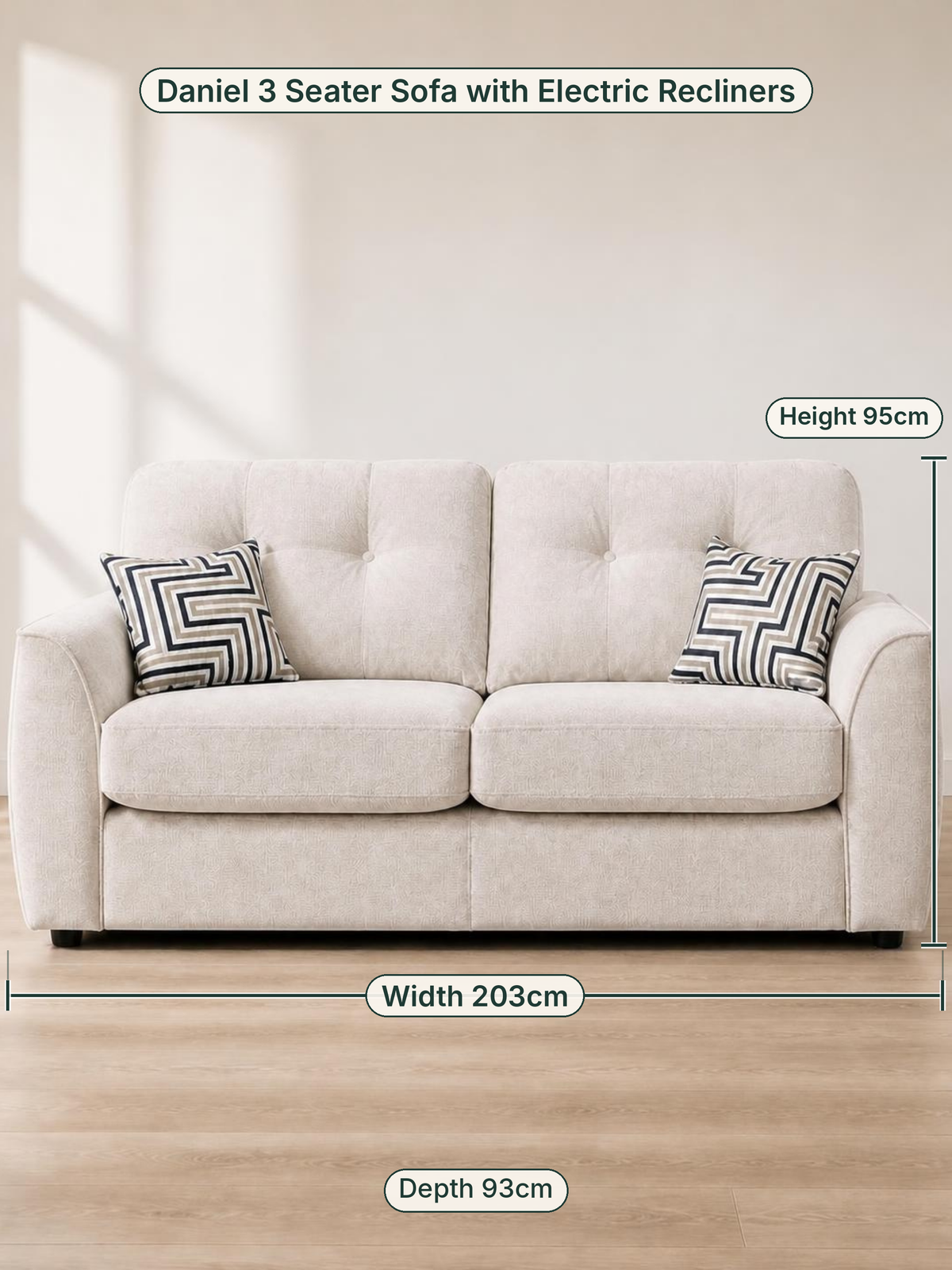 Daniel 3 Seater Sofa with Electric Recliners dimensions: width 203cm, height 95cm, depth 93cm