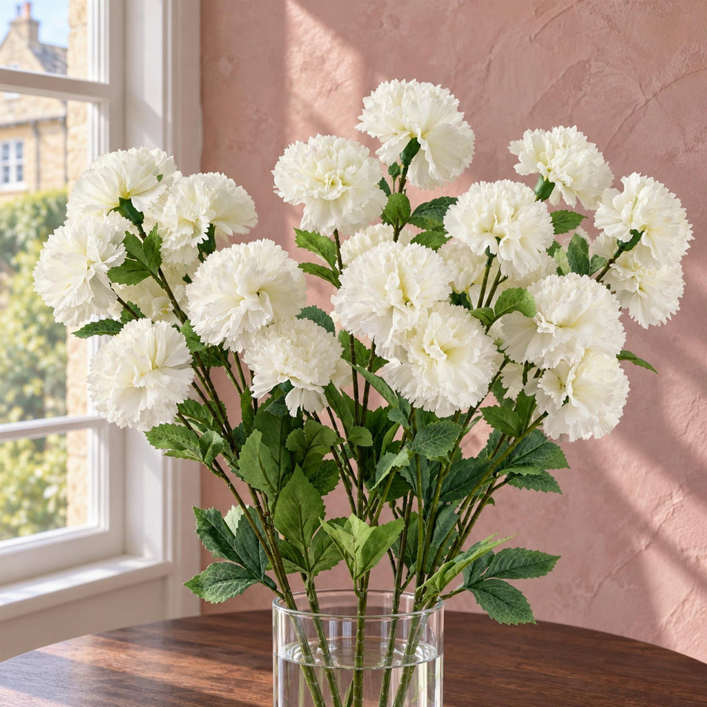 Pack of 6 x 70cm White Artificial Carnation Stem - 24 Flowers styled in a room