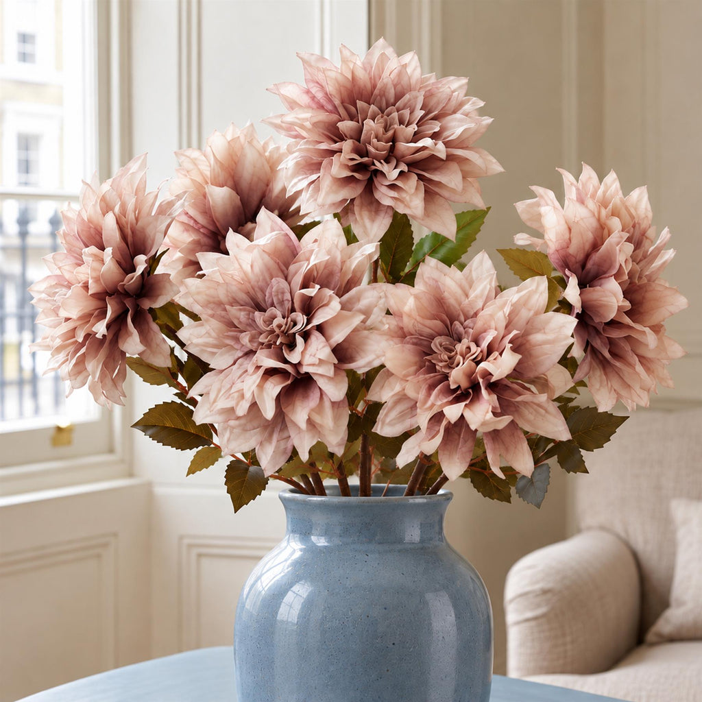 Pack of 6 x 55cm Dahlia Flower Stem - Dusty Pink styled in a room