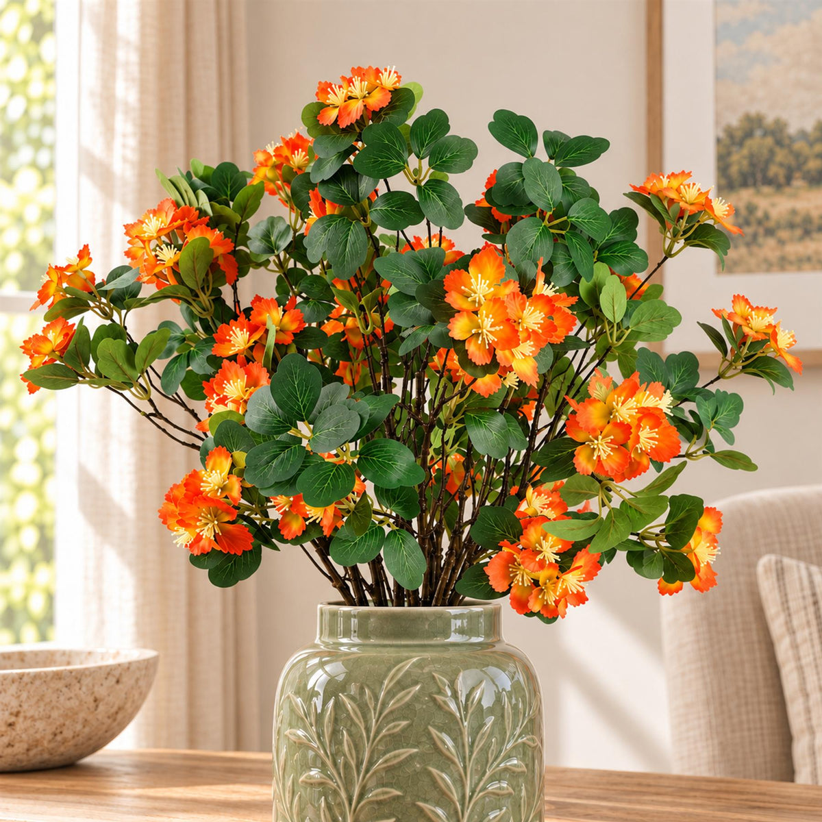 Pack of 6 x 60cm Flower Foliage Spray - Orange styled in a room