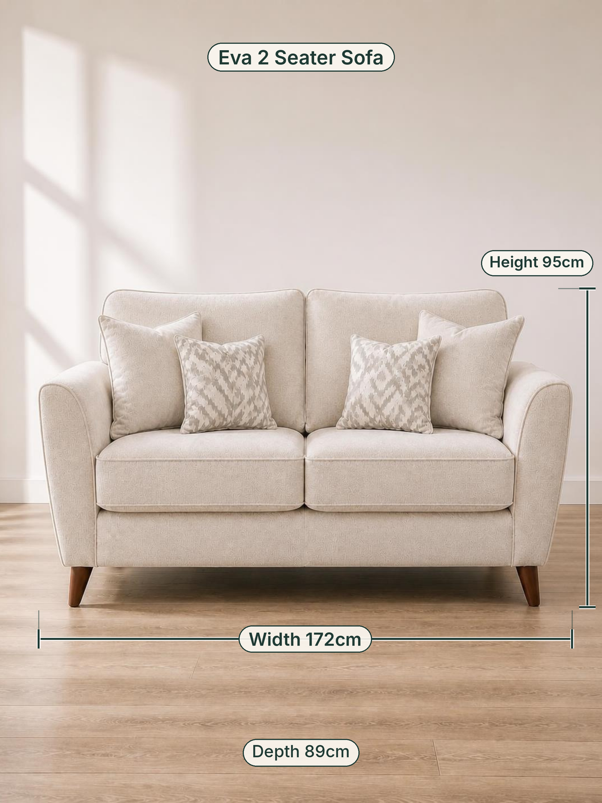 Eva 2 Seater Sofa dimensions: width 172cm, height 95cm, depth 89cm