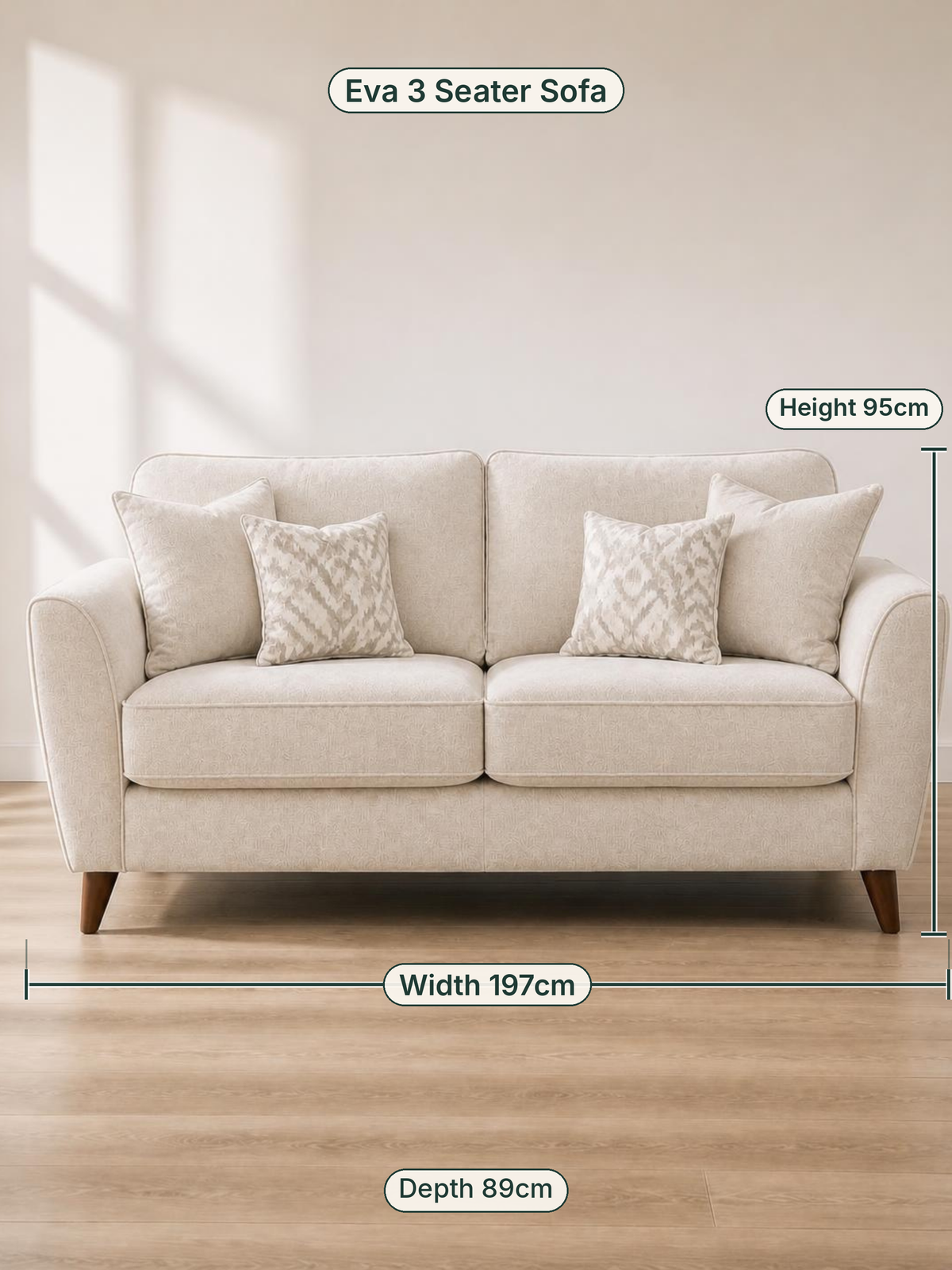 Eva 3 Seater Sofa dimensions: width 197cm, height 95cm, depth 89cm