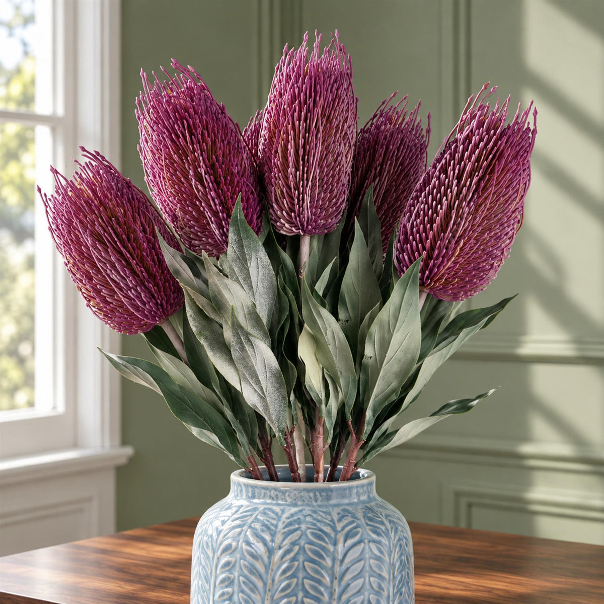 Pack of 6 x 75cm Banksia Menziesii Pink Flower Stem Artificial styled in a room