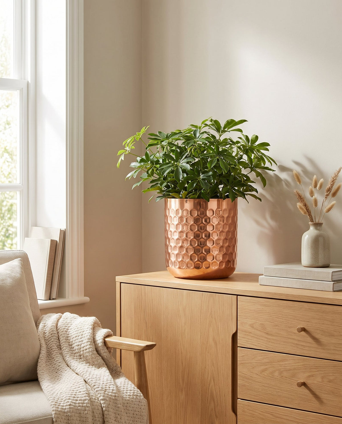 Honeycomb Metal Planter - Copper - 18cm x 15.5cm styled in a room