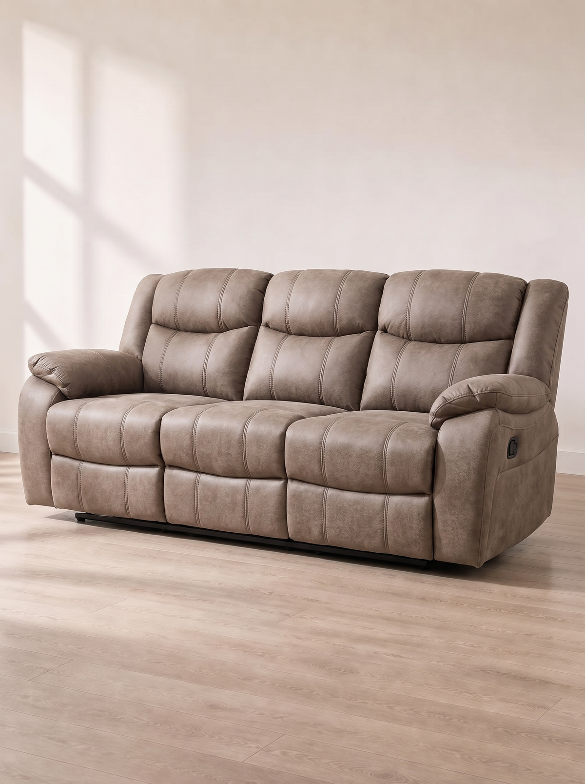 London Manual Recliner Sofa in mink – hero three-quarter view