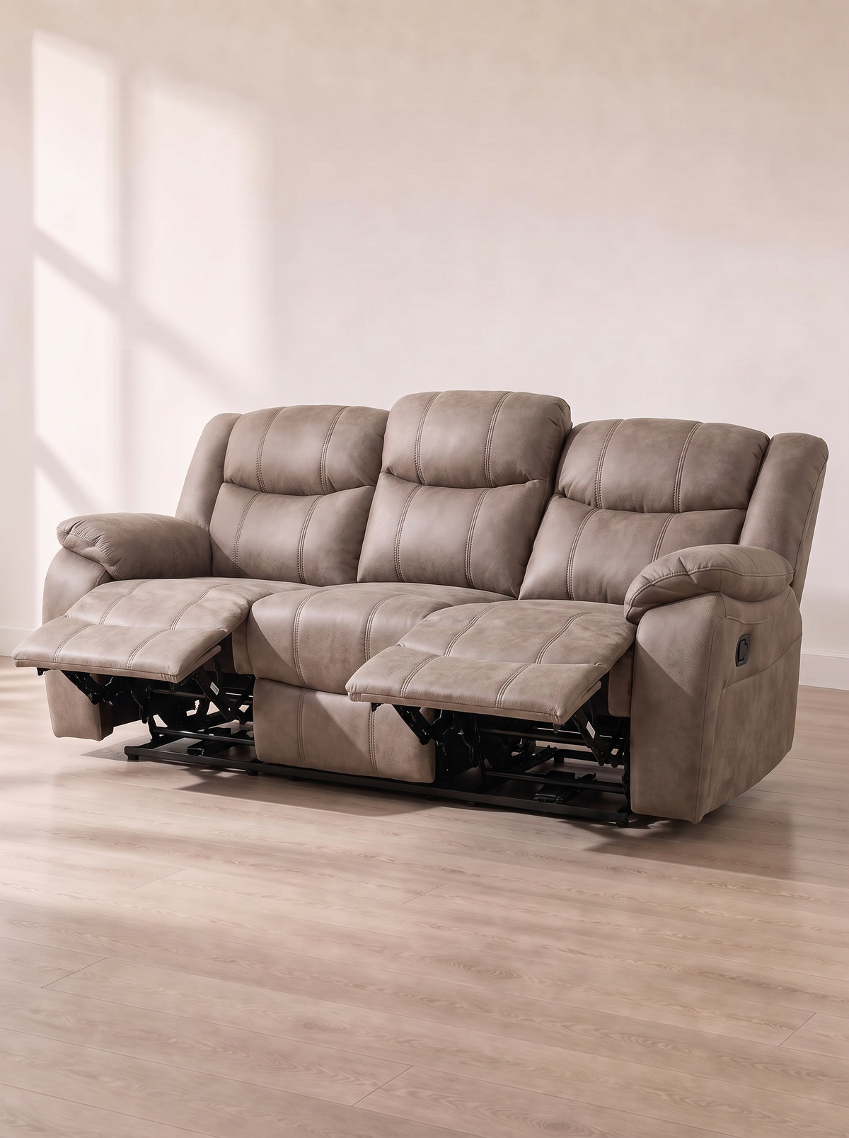 London Manual Recliner Sofa in mink – fully reclined with footrests raised