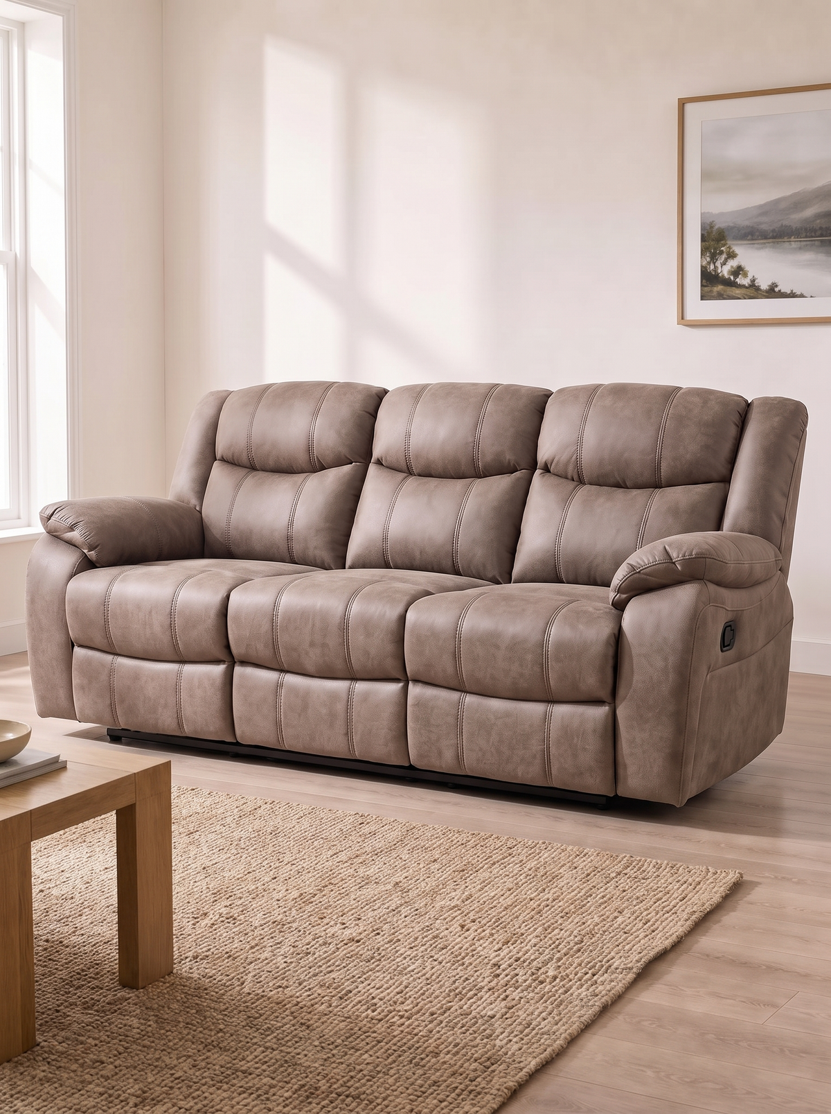 London Manual Recliner Sofa in mink – in a living room