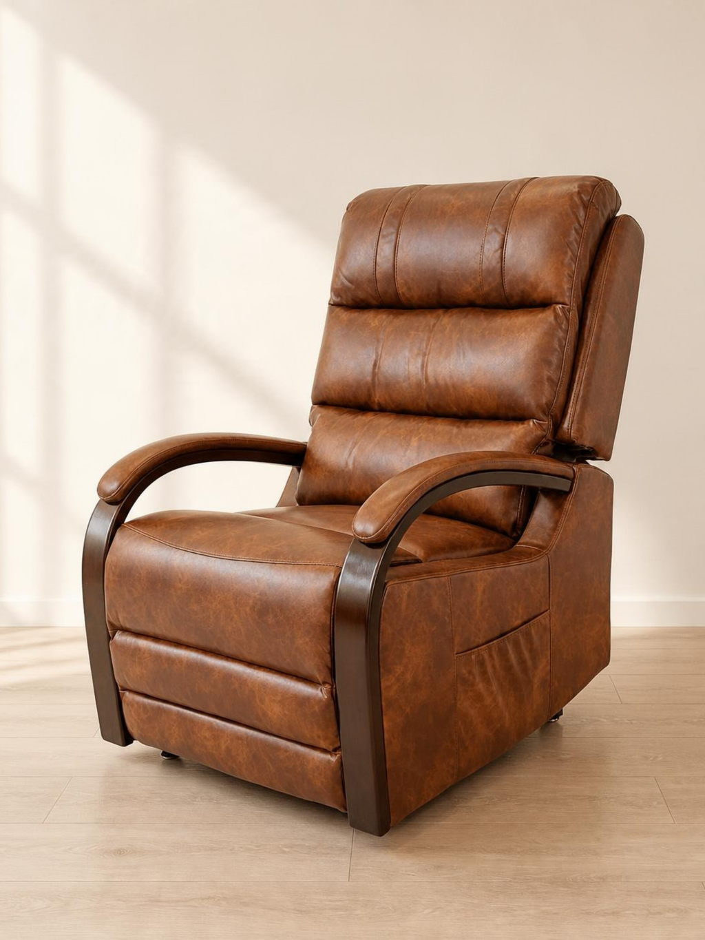 Luxury Dual Motor Rise & Recliner Chair – Brown Leather Look – hero three-quarter view
