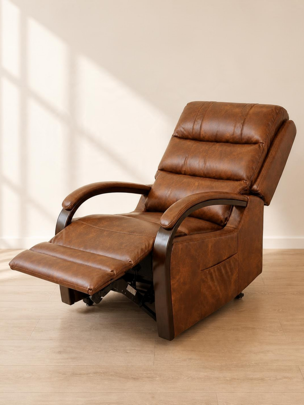 Luxury Dual Motor Rise & Recliner Chair – Brown Leather Look – fully reclined with footrest raised