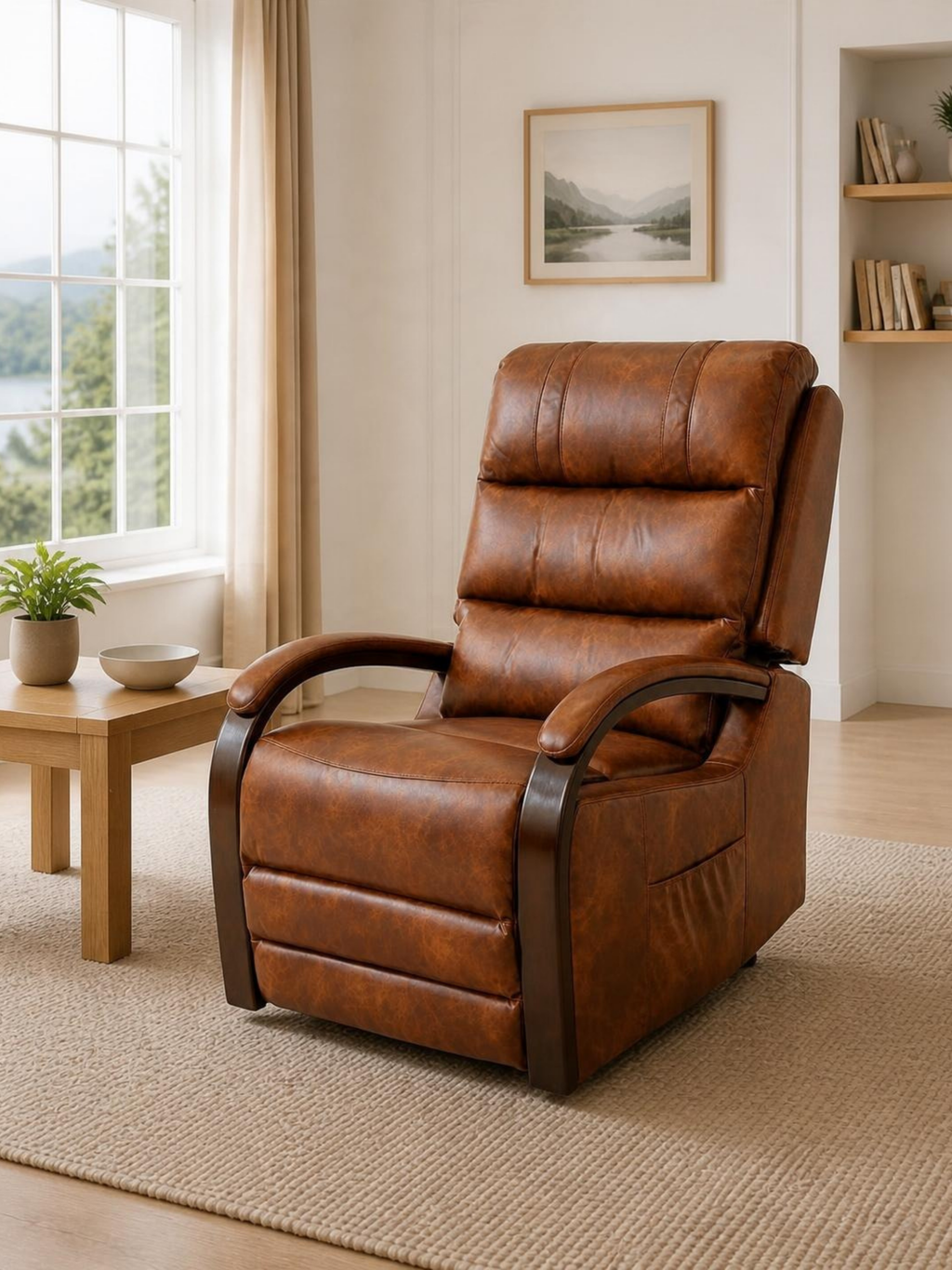 Luxury Dual Motor Rise & Recliner Chair – Brown Leather Look – in a living room