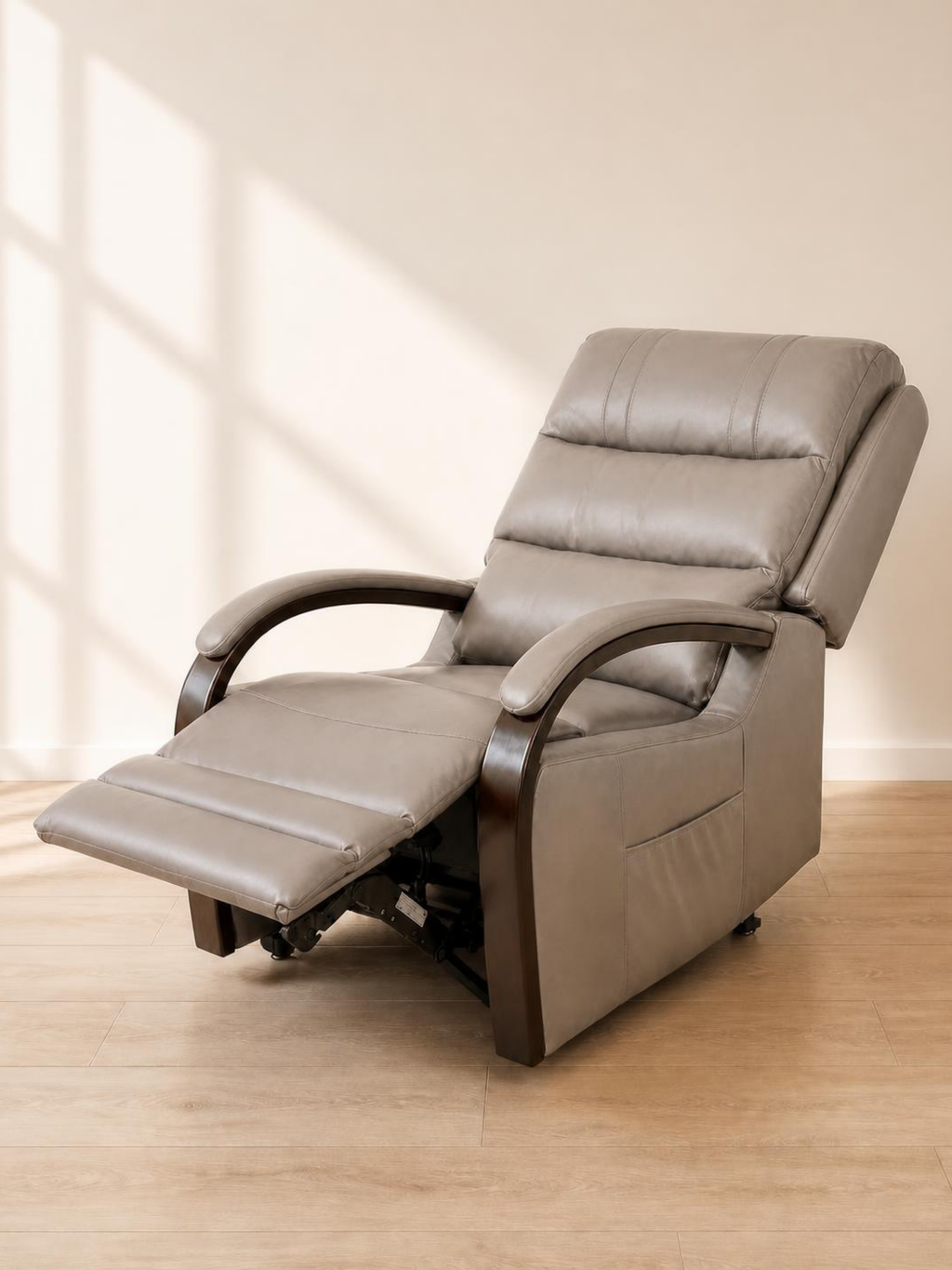 Luxury Dual Motor Rise & Recliner Chair – Grey Leather Look – fully reclined with footrest raised