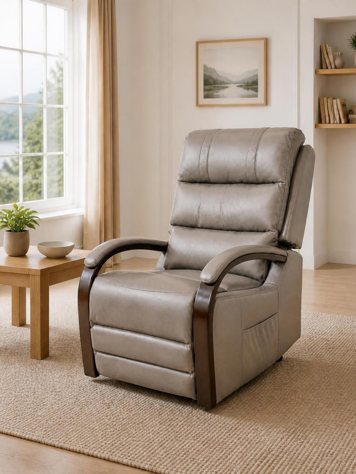 Luxury Dual Motor Rise & Recliner Chair – Grey Leather Look – in a living room