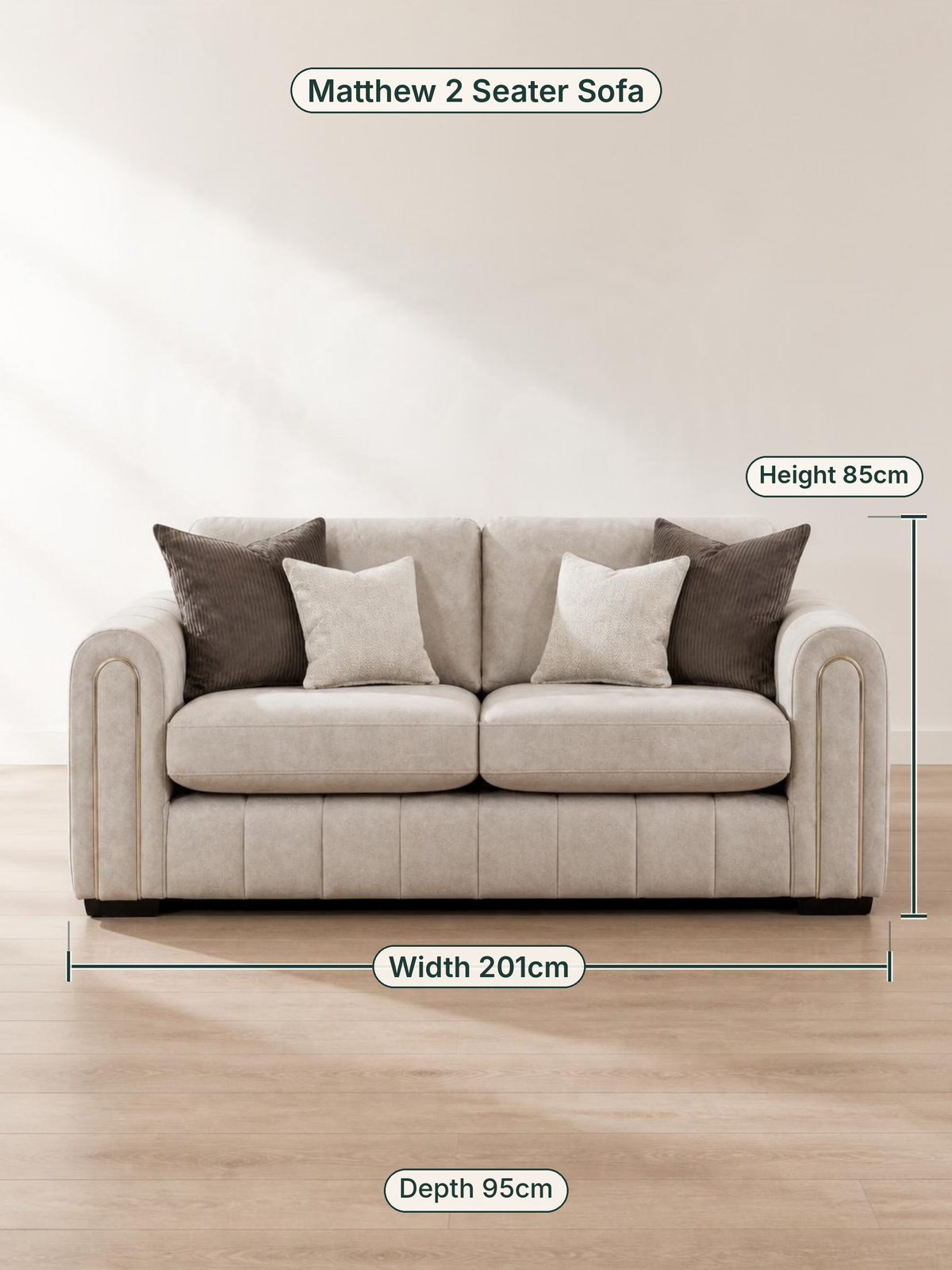 Matthew 2 Seater Sofa dimensions: width 201cm, height 85cm, depth 95cm