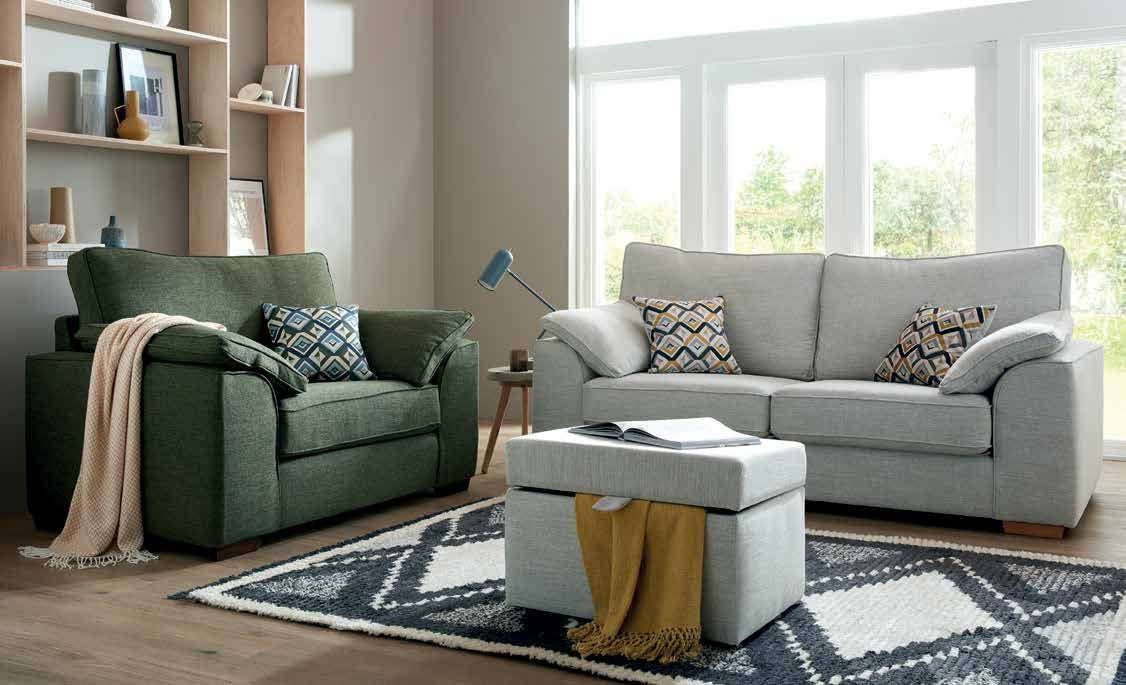 Oasis fabric sofa with snuggler and medium storage stool