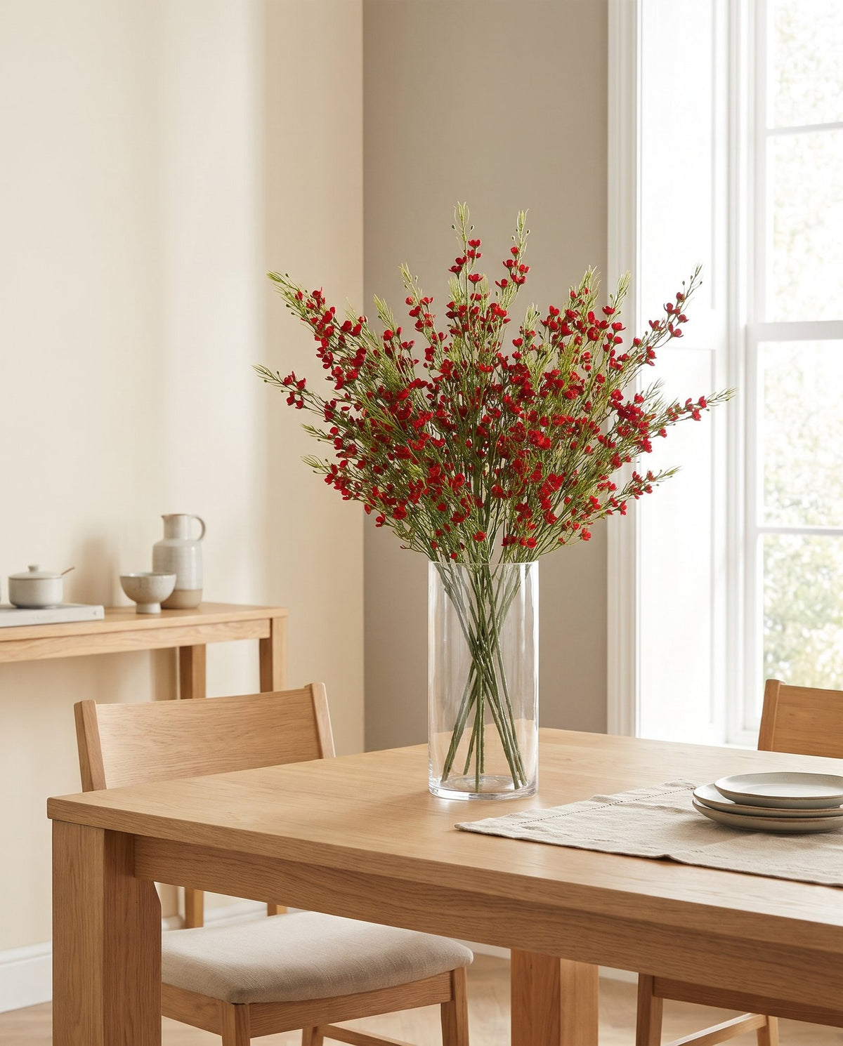 Pack of 6 x 100cm Artificial Foliage Stem with Small Flowers - Red styled in a room