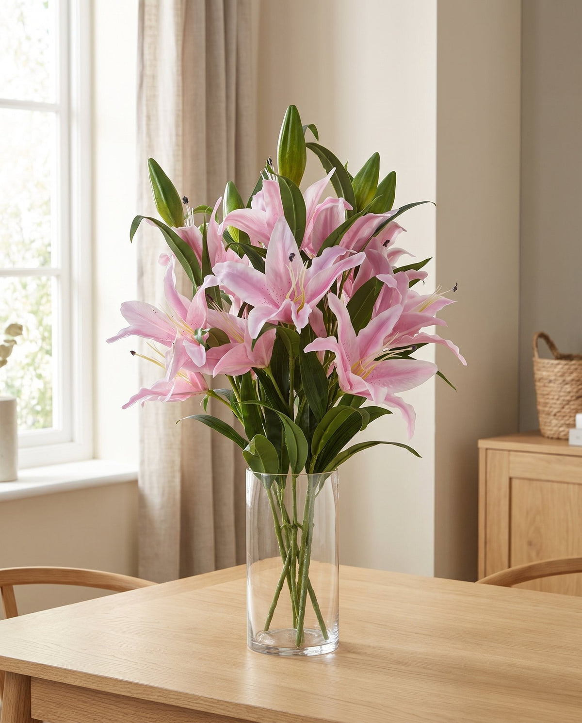 Pack of 6 x 100cm Large Pink Lily Stem - 18 Flowers styled in a room