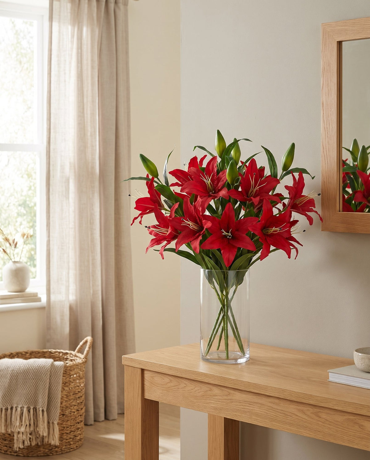 Pack of 6 x 100cm Large Red Lily Stem - 18 Flowers styled in a room