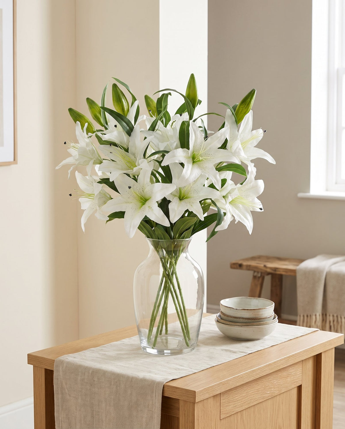Pack of 6 x 100cm Large White Lily Stem - 18 Flowers styled in a room