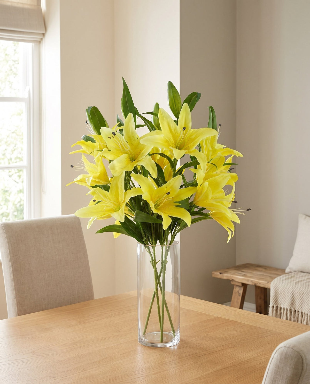 Pack of 6 x 100cm Large Yellow Lily Stem - 18 Flowers styled in a room