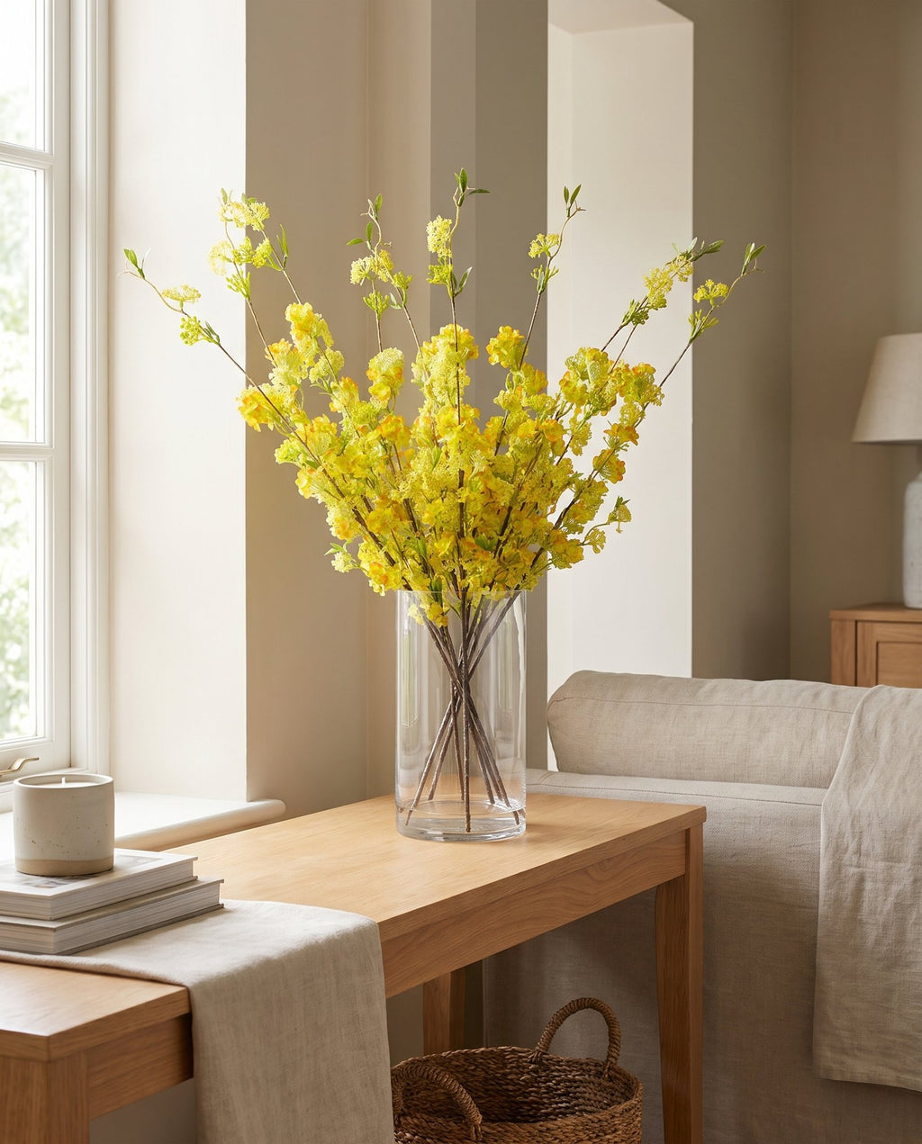 Pack of 6 x 100cm Yellow Blossom Spray Stem styled in a room