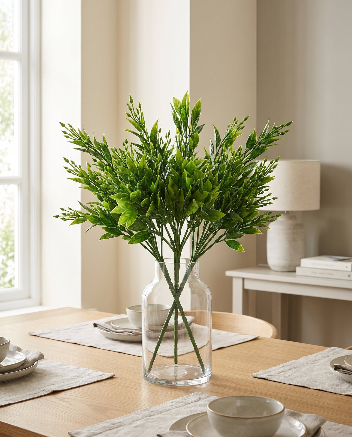 Pack of 6 x 32cm Artificial Green Foliage Spray Stem Faux Leafy Decorative Greenery styled in a room