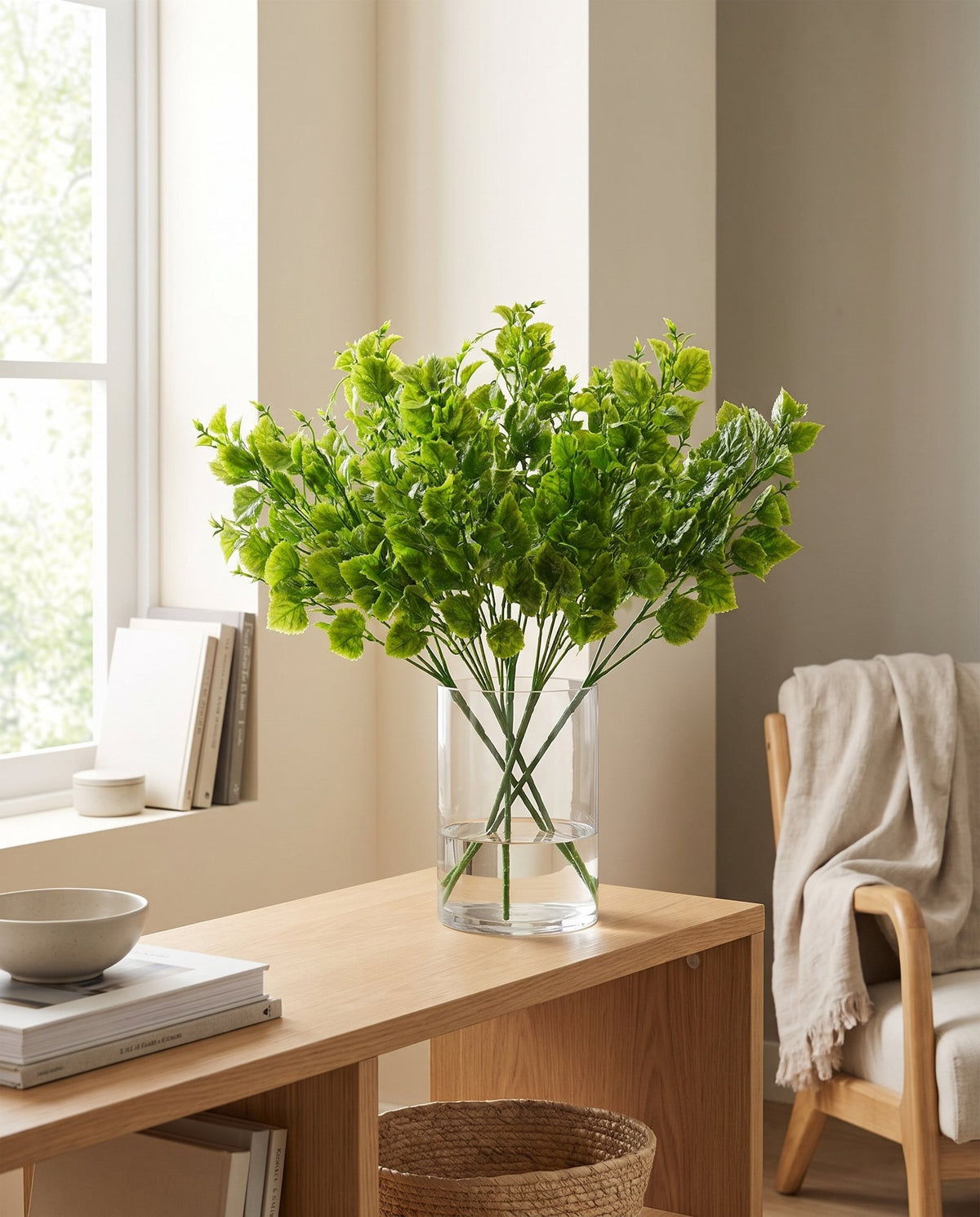 Pack of 6 x 32cm Artificial Leafy Foliage Stem Plant Faux Green Decorative Fillers styled in a room