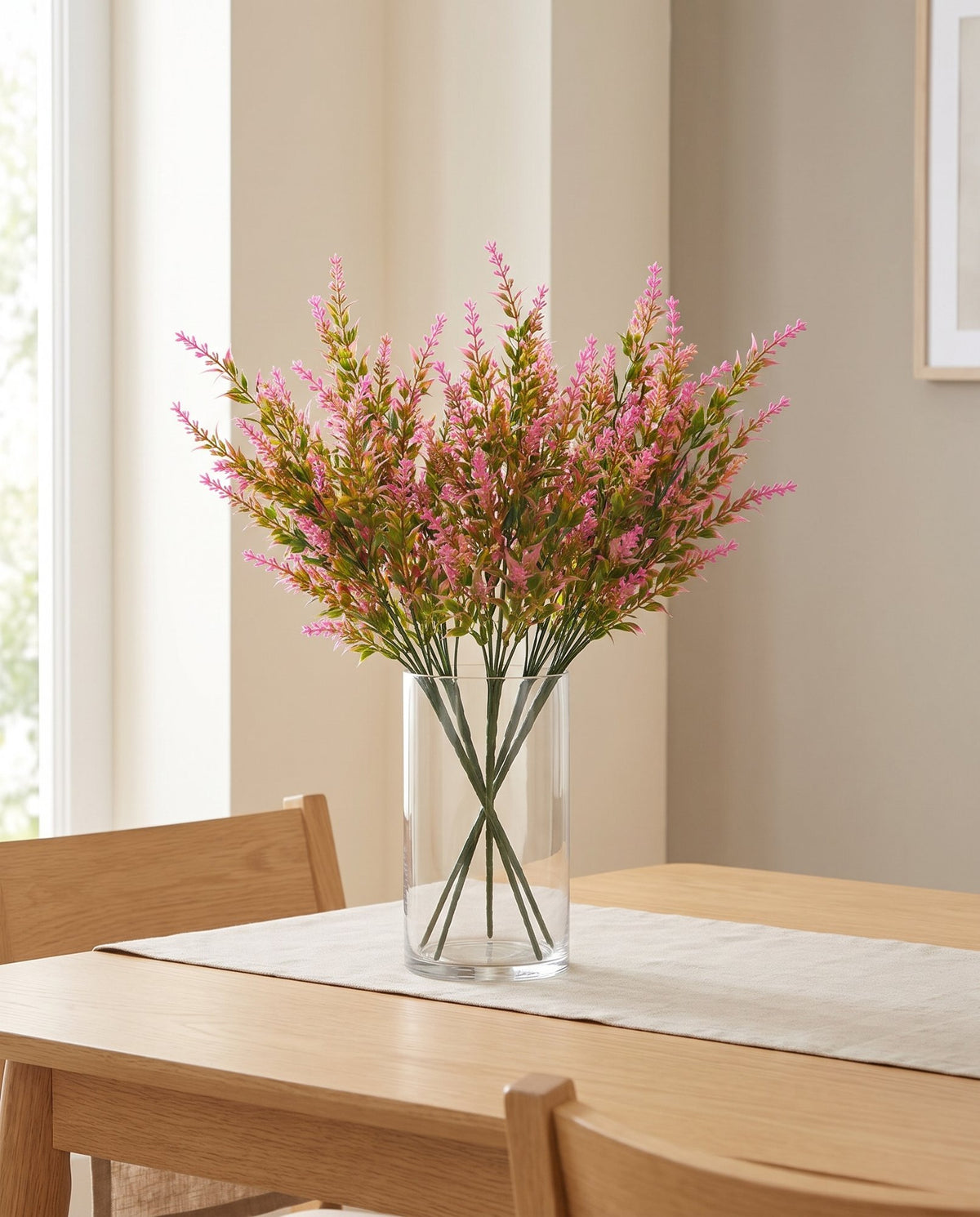 Pack of 6 x 34cm Artificial Pink Heather Stem Plant styled in a room