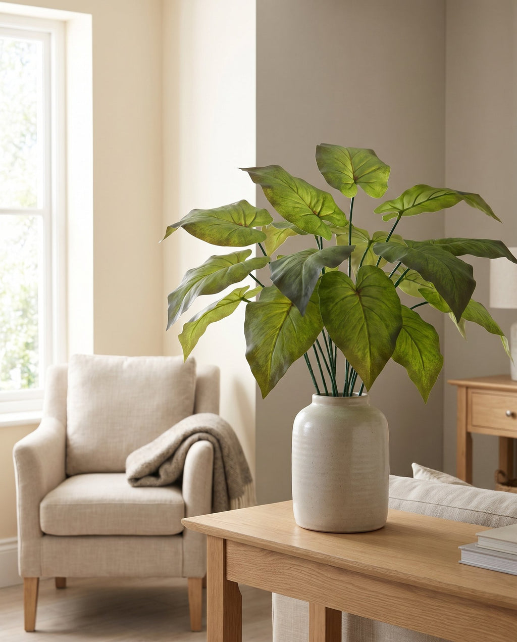 Pack of 6 x 50cm Artificial Green Plastic Leaf Stem styled in a room