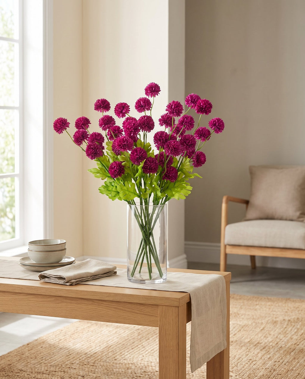 Pack of 6 x 50cm Dahlia Pompom Pink Artificial Stem styled in a room