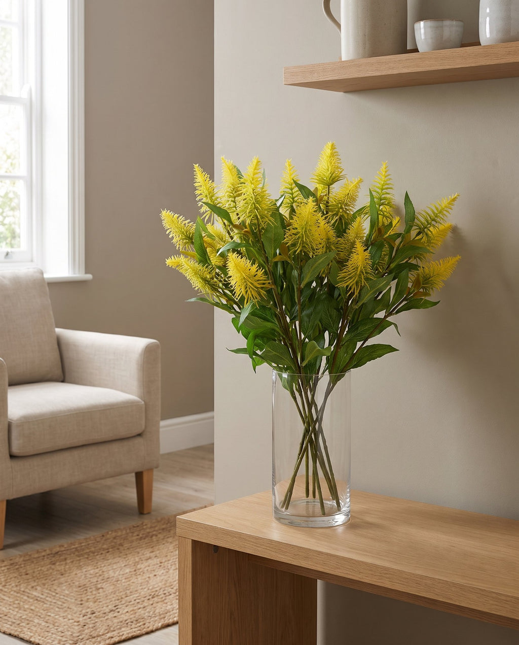 Pack of 6 x 55cm Callistemon Pallidus Yellow Bottle Brush Stem styled in a room