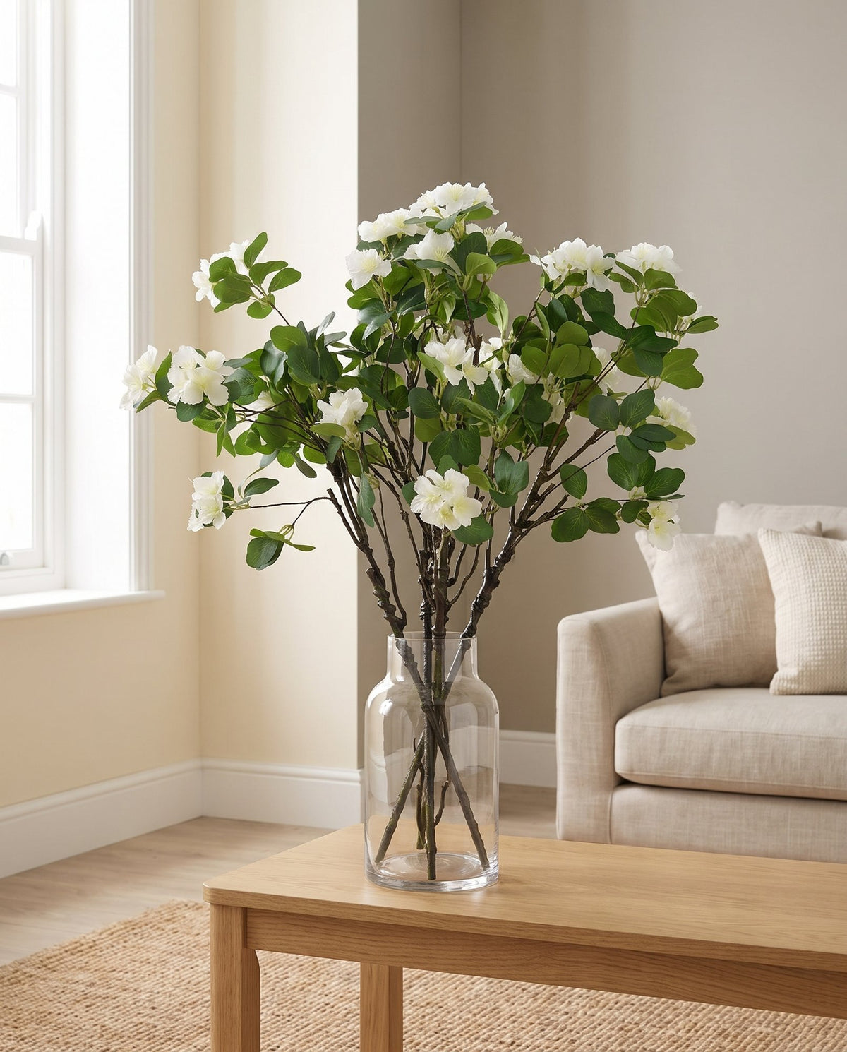 Pack of 6 x 60cm Flower Foliage Spray - White styled in a room