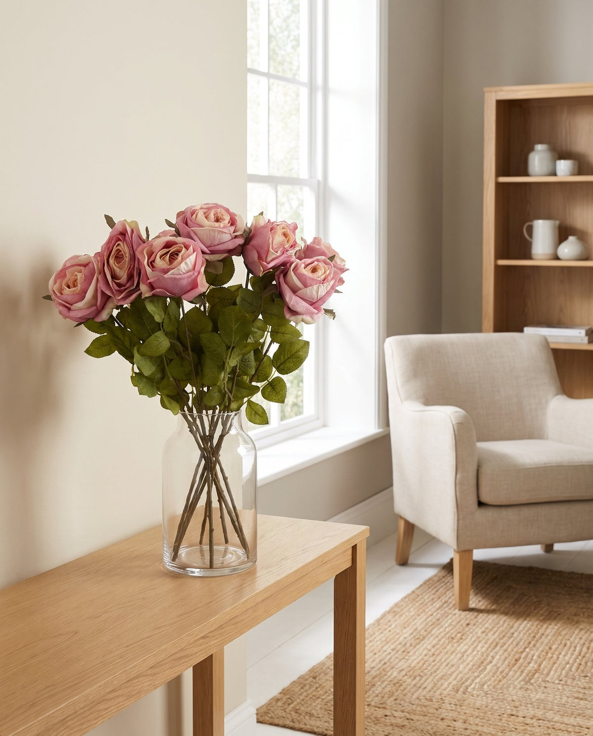 Pack of 6 x 70cm Artificial Light Pink Rose styled in a room