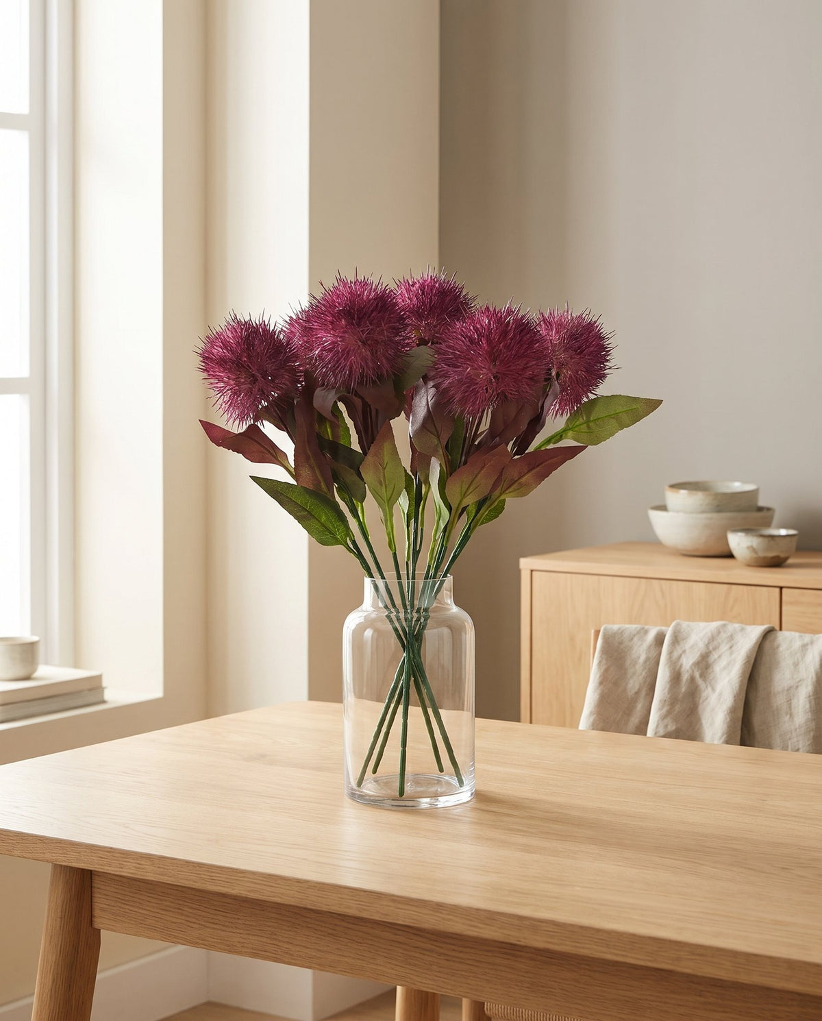 Pack of 6 x 70cm Globe Thistle Purple Ball Artificial Flower Stem styled in a room