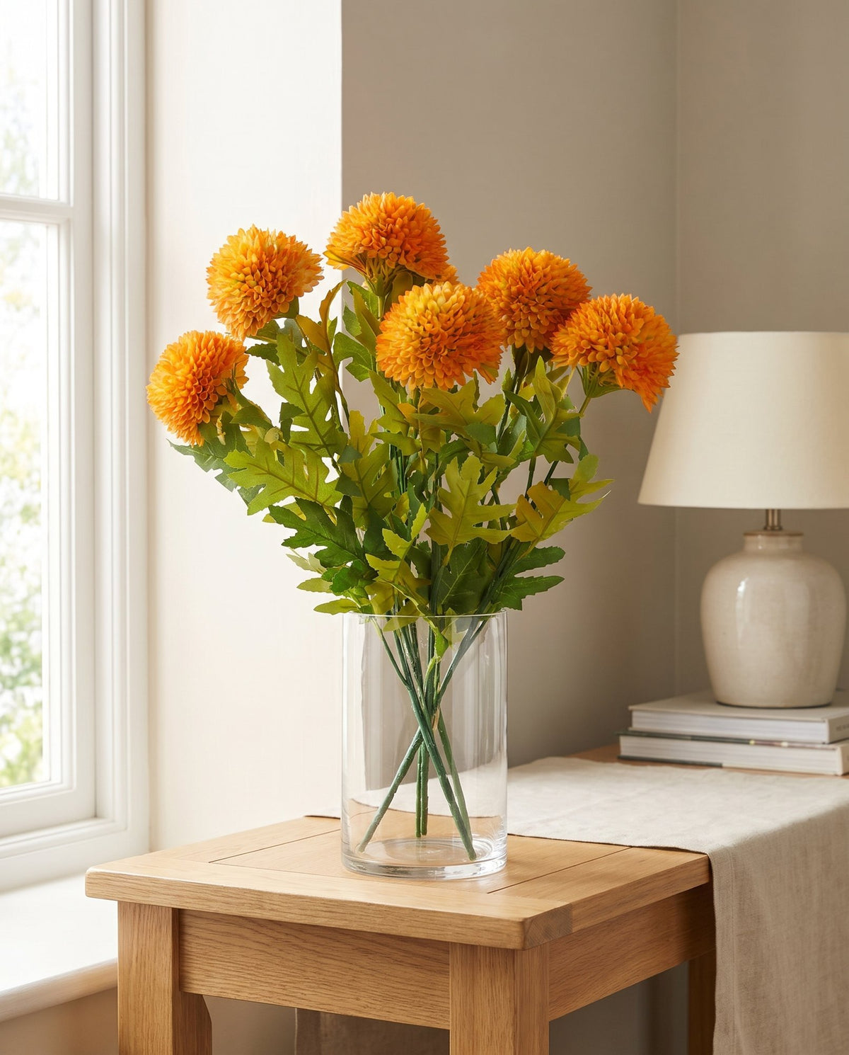 Pack of 6 x 70cm Large Ball Dahlia Artificial Flower Stem Yellow styled in a room