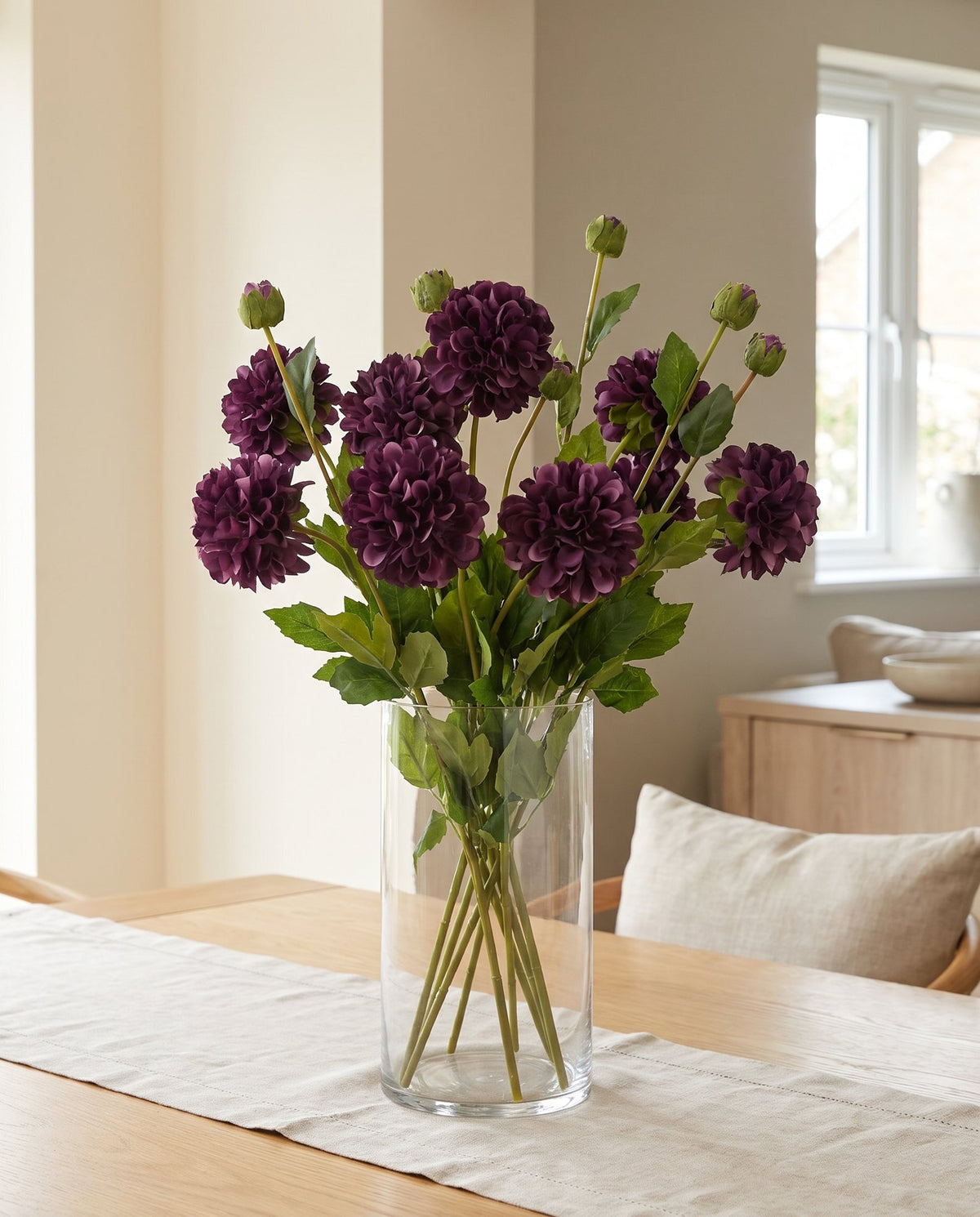Pack of 6 x 75cm Artificial Dahlia PomPom Flower Stem Purple styled in a room