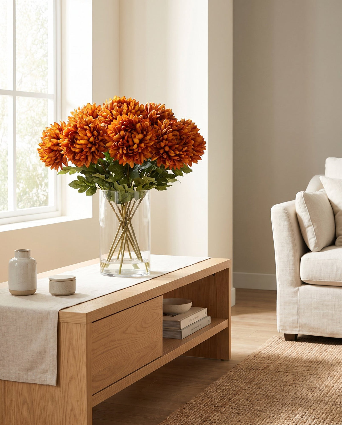 Pack of 6 x 75cm Extra Large Reflex Chrysanthemum - Orange styled in a room