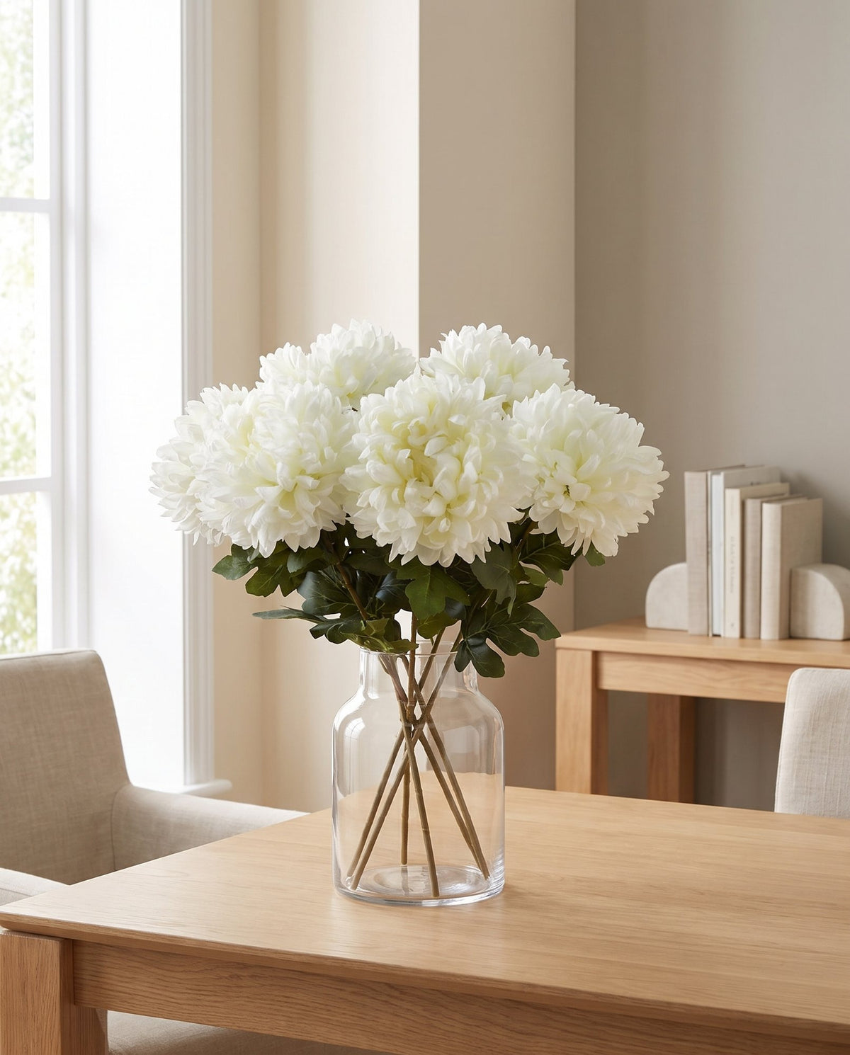 Pack of 6 x 75cm Extra Large Reflex Chrysanthemum - White styled in a room