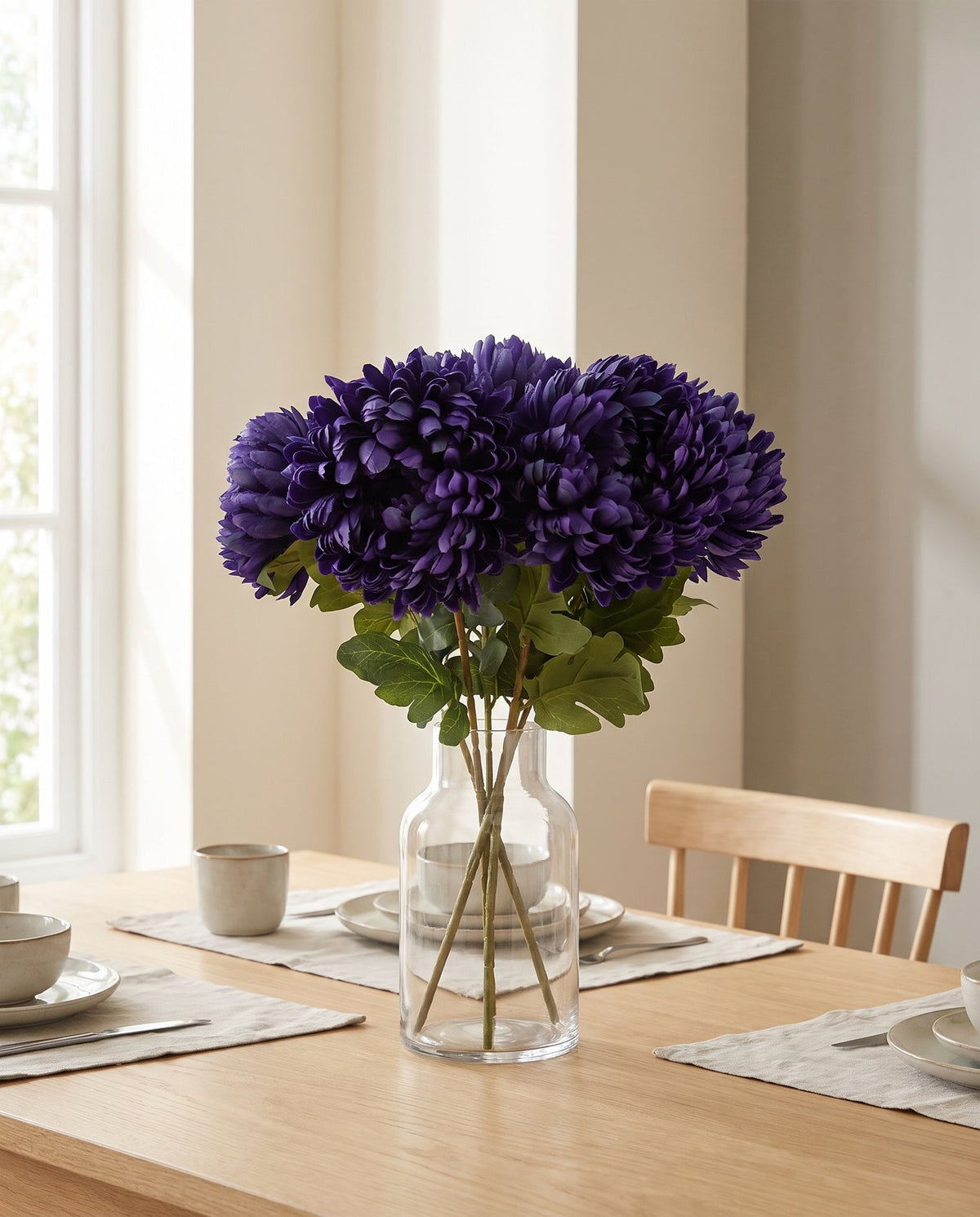 Pack of 6 x 75cm Extra Large Reflex Chrysanthemum - Purple styled in a room