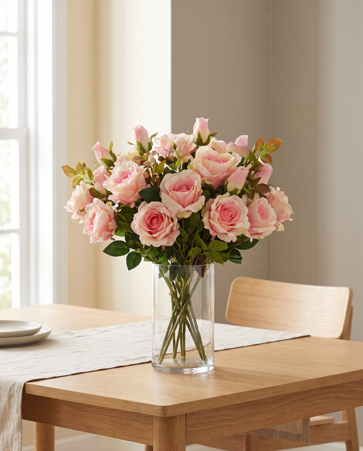 Pack of 6 x 80cm Artificial Pink Rose Stem - 18 flowers styled in a room
