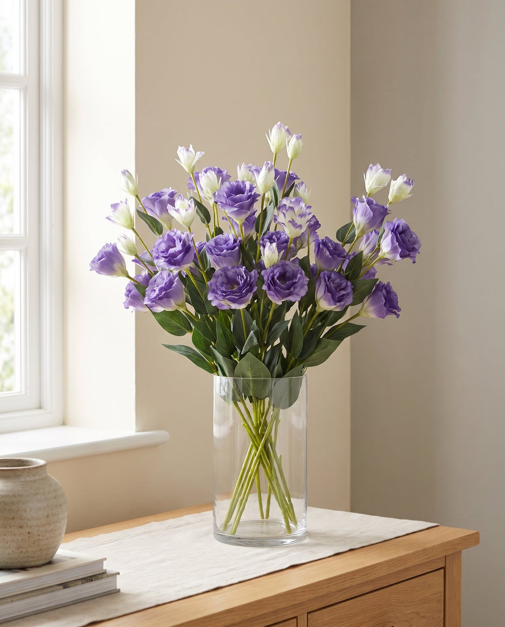 Pack of 6 x 80cm Artificial Purple Wild Rose Stem - 36 Flowers styled in a room