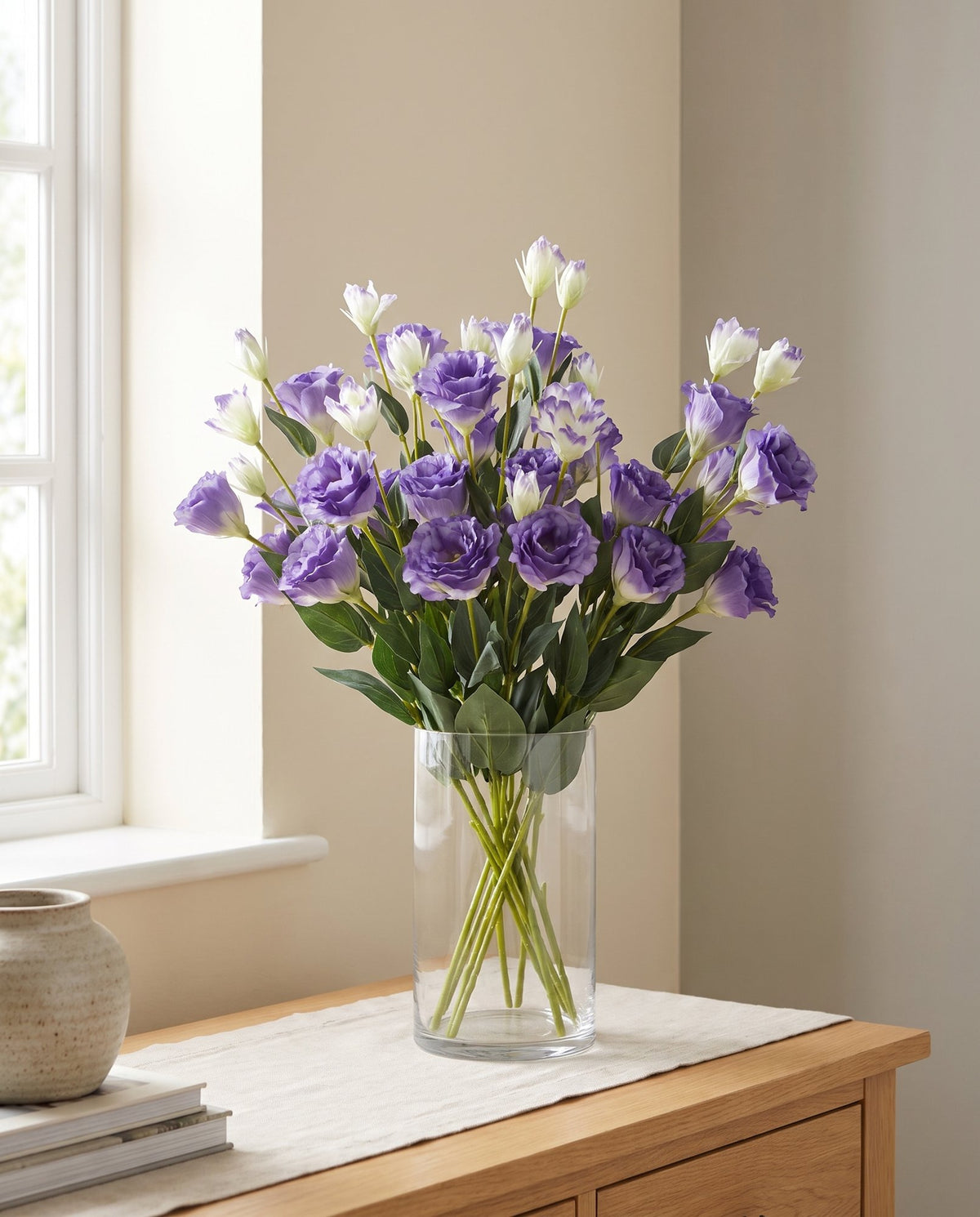Pack of 6 x 80cm Artificial Purple Wild Rose Stem - 36 Flowers styled in a room