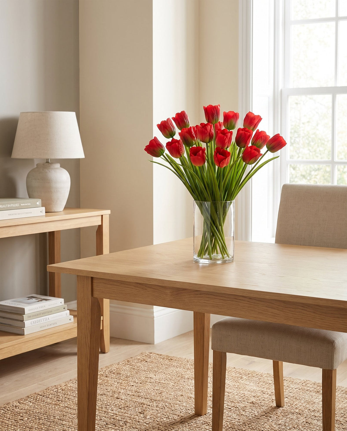 Pack of 6 x 80cm Artificial Tulip Red Stem styled in a room