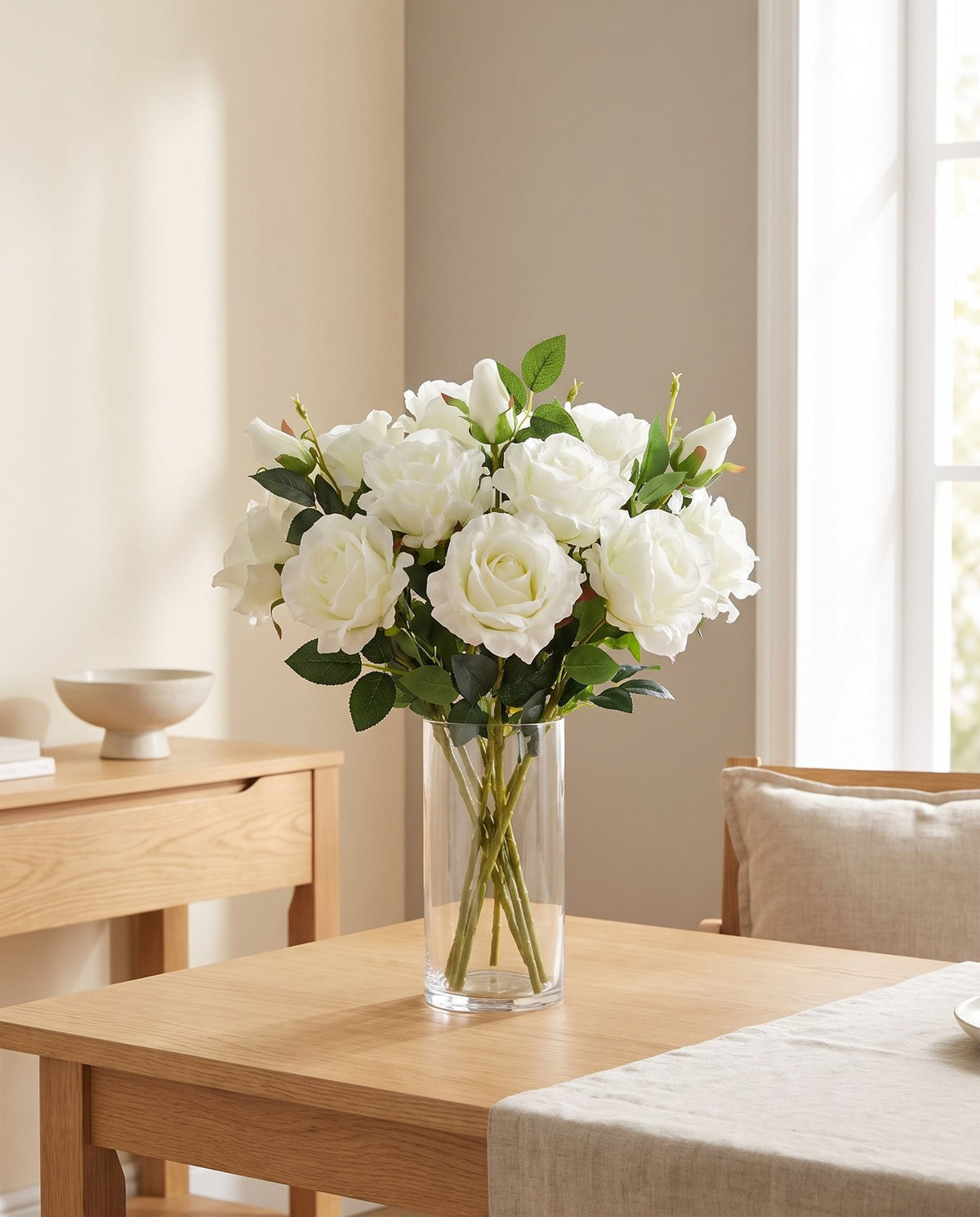 Pack of 6 x 80cm Artificial White Rose Stem - 18 flowers styled in a room