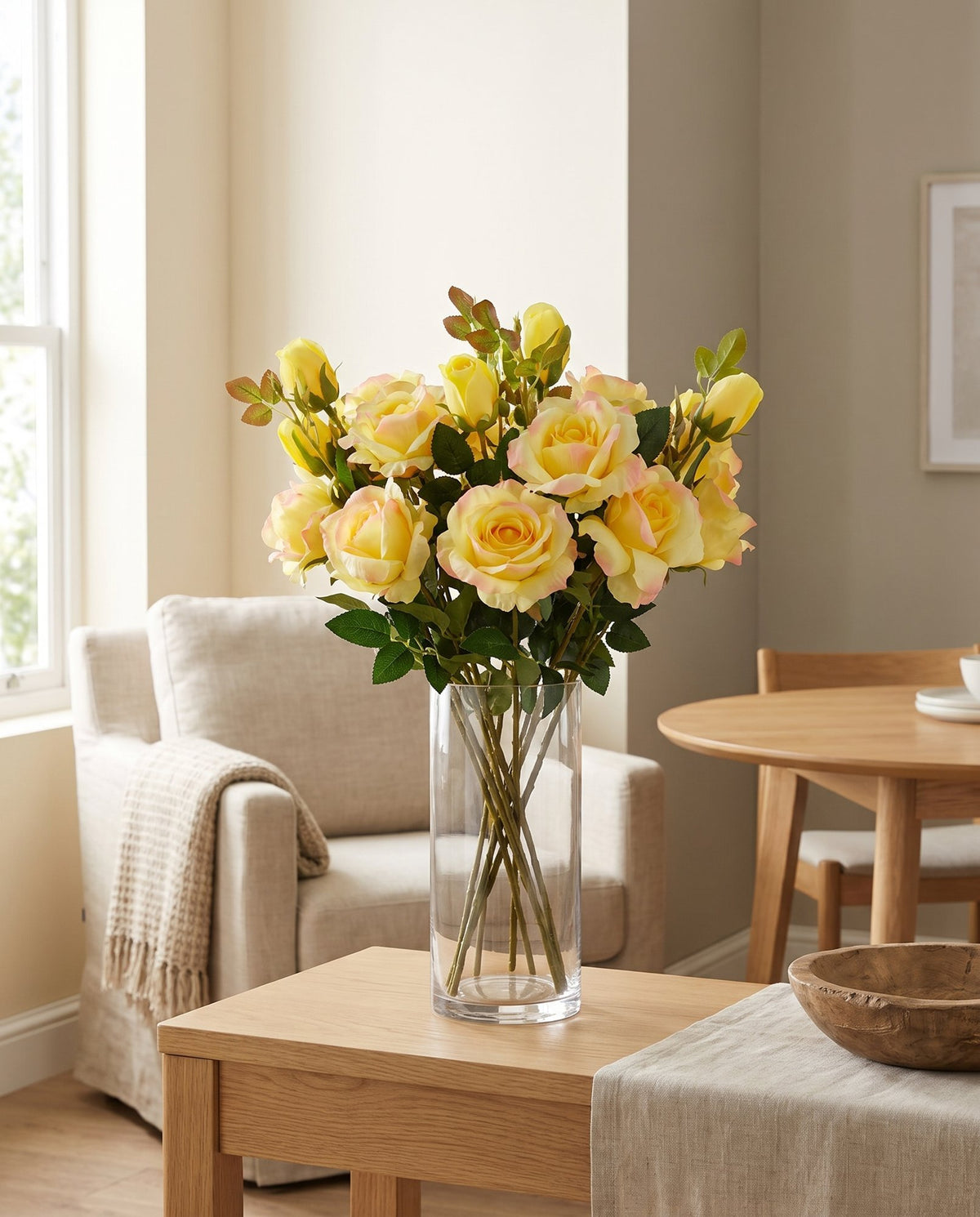 Pack of 6 x 80cm Artificial Yellow Rose Stem - 18 flowers styled in a room