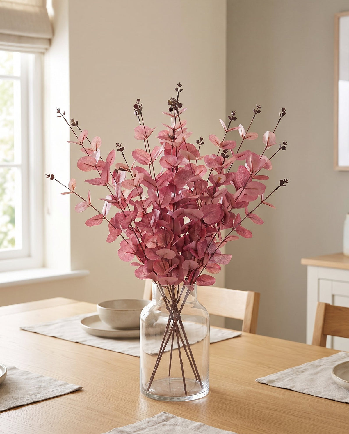 Pack of 6 x 80cm Pink Eucalyptus Foliage Stem styled in a room