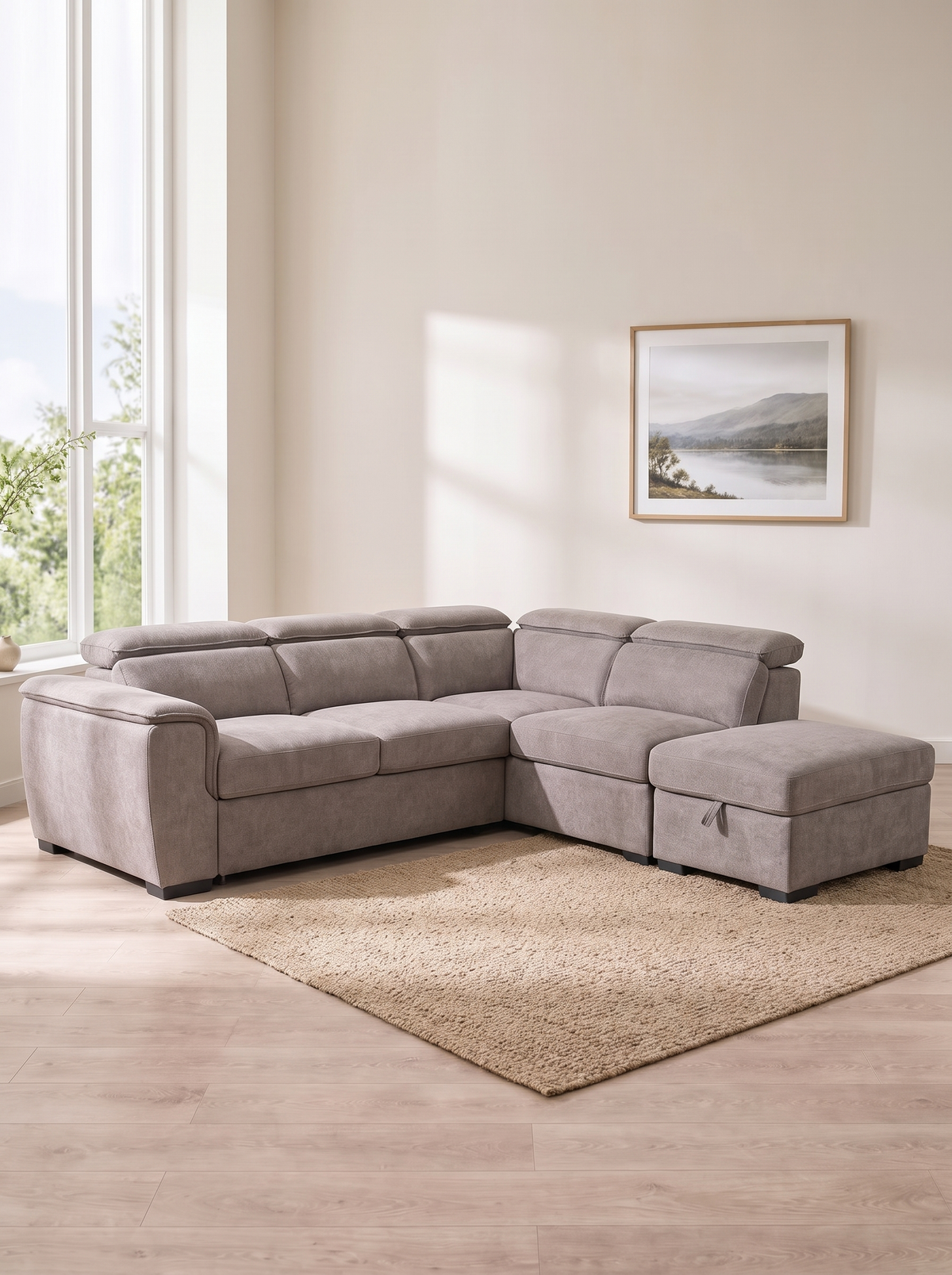 Padua Corner Sofa Bed With Ottoman – in a living room
