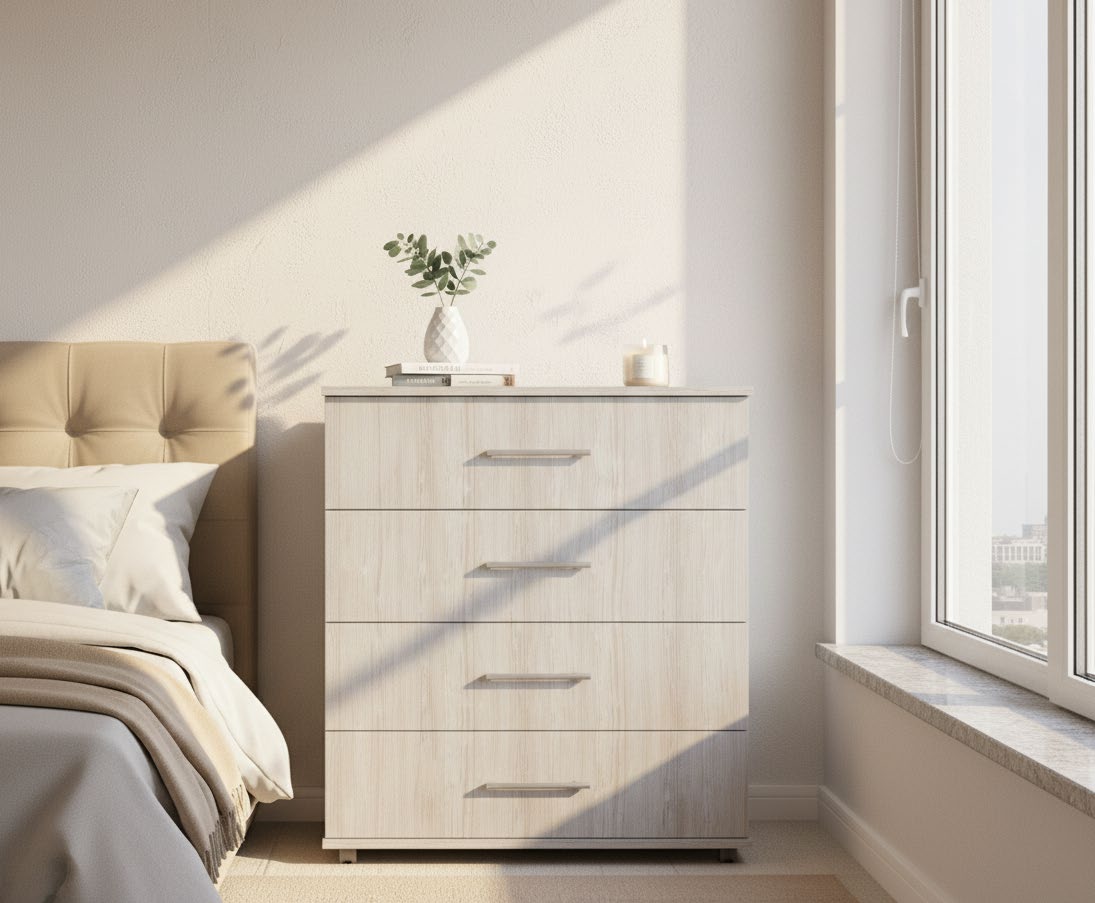 Braemar four drawer wide chest in light artwood