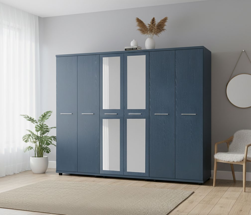 Braemar six door wardrobe in Alby Blue with mirror doors