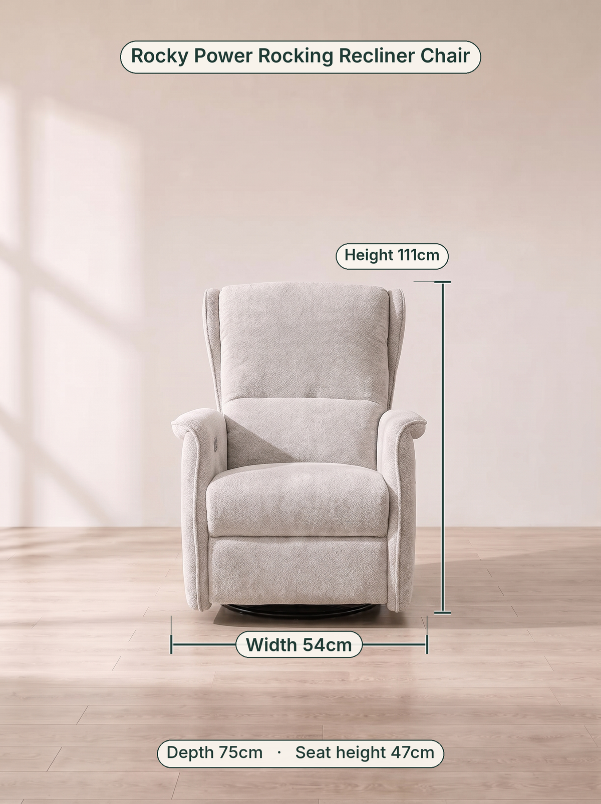 Rocky Power Rocking Recliner Chair dimensions: width 54cm, height 111cm, depth 75cm, seat height 47cm