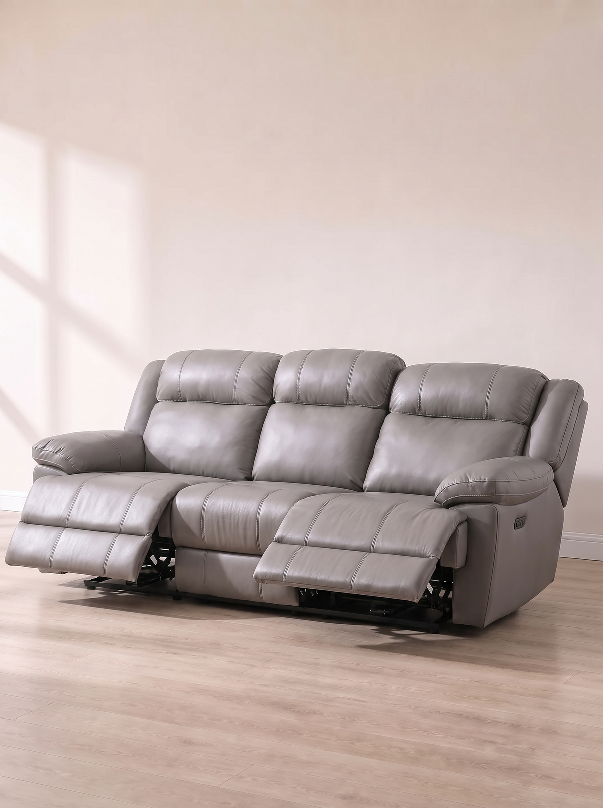 Rosslyn Leather Power Recliner Suite – fully reclined with footrest raised